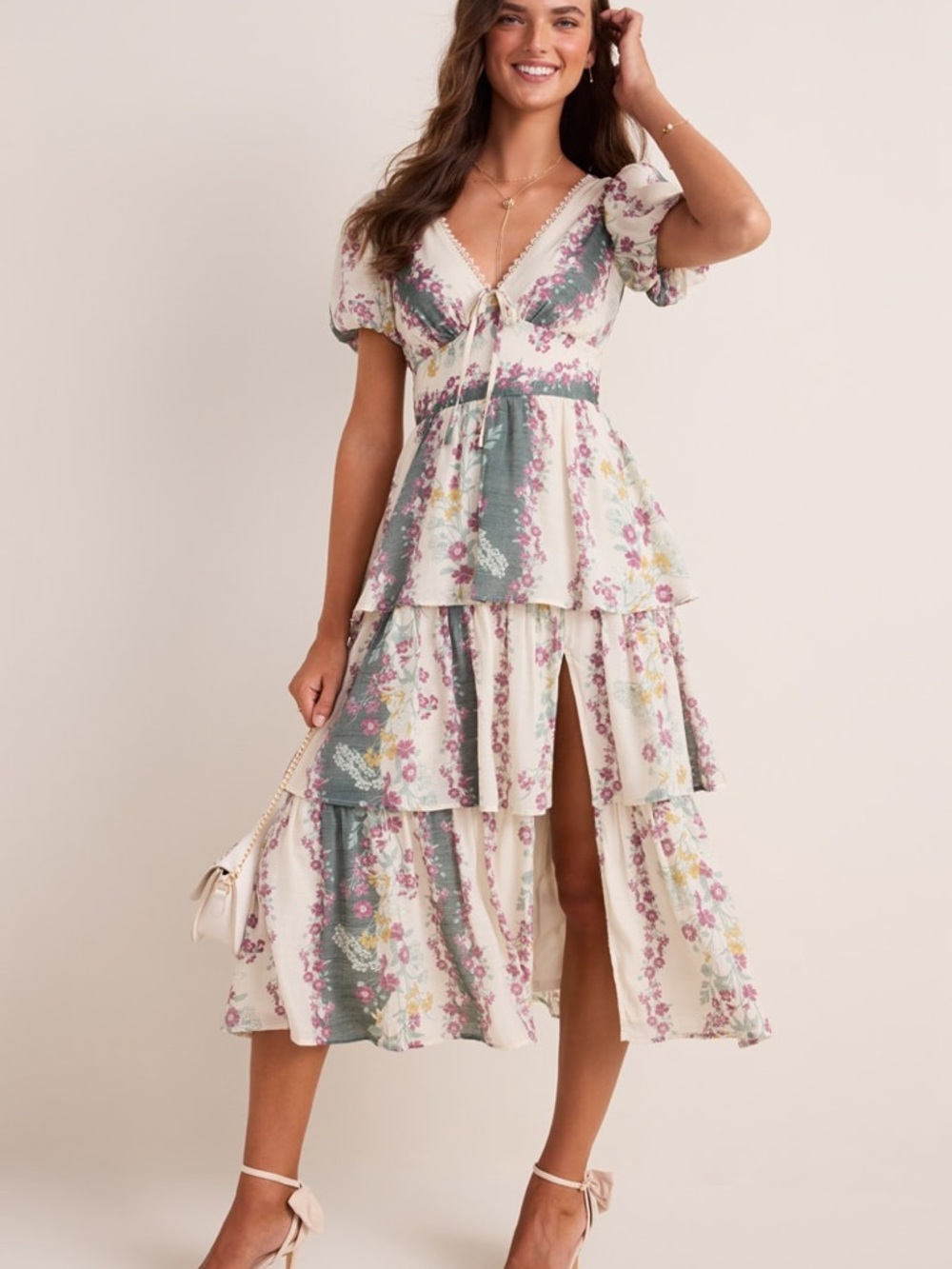 Floral Tiered V Neck Midi Dress